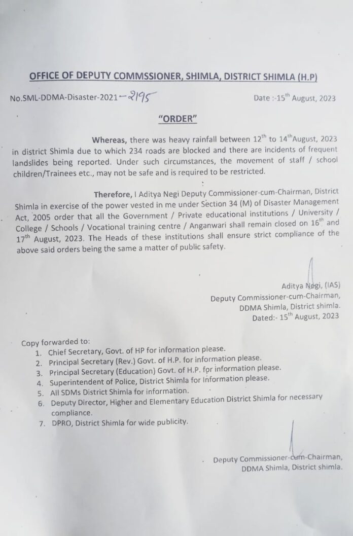 उपायुक्त शिमला के दो दिन छुट्‌टी रखने के आदेश