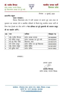 भारी बरसात के कारण हुए जान माल के नुकसान का जायजा लेने के लिए भाजपा की टीम निर्धारित